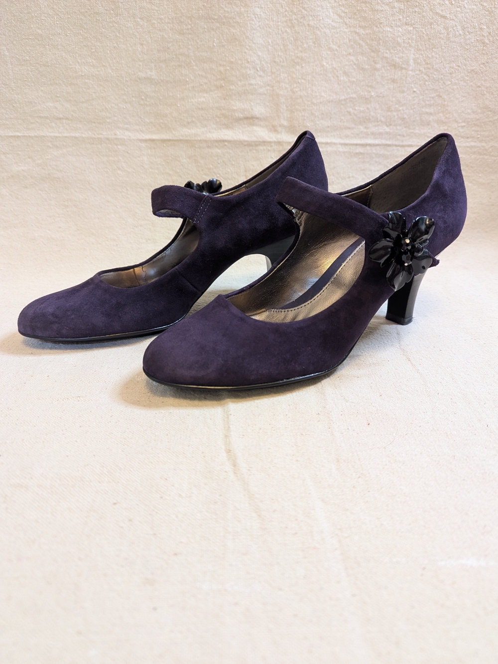 Sofft Deep Royal Purple Suede Mary Jane Heels with Flower Accent